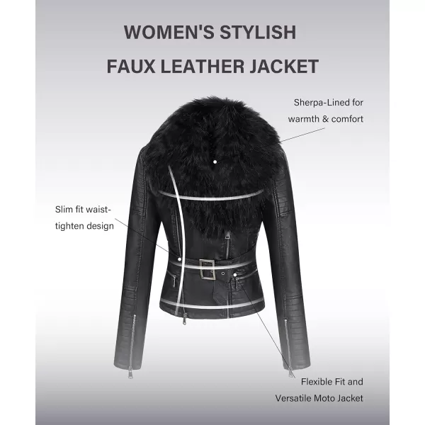 Bellivera Women's Faux Leather Jacket Moto Biker Sherpa-Lined Coat with Removable Fur Collar