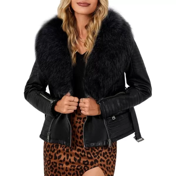 Bellivera Women's Faux Leather Jacket Moto Biker Sherpa-Lined Coat with Removable Fur Collar