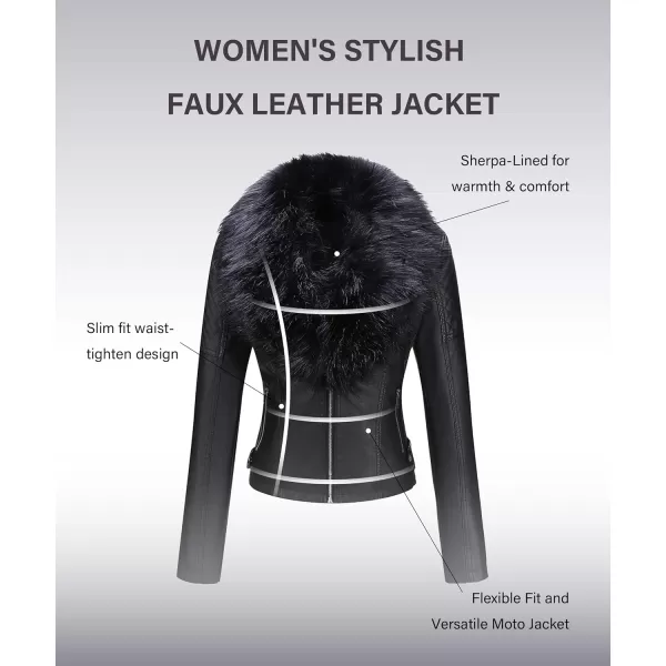 Bellivera Women's Faux Leather Jacket Moto Biker Sherpa-Lined Coat with Removable Fur Collar