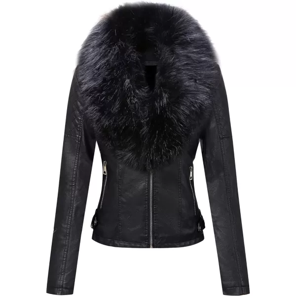 Bellivera Women's Faux Leather Jacket Moto Biker Sherpa-Lined Coat with Removable Fur Collar