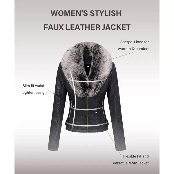 Bellivera Women's Faux Leather Jacket Moto Biker Sherpa-Lined Coat with Removable Fur Collar