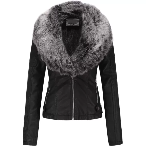Bellivera Women's Faux Leather Jacket Moto Biker Sherpa-Lined Coat with Removable Fur Collar