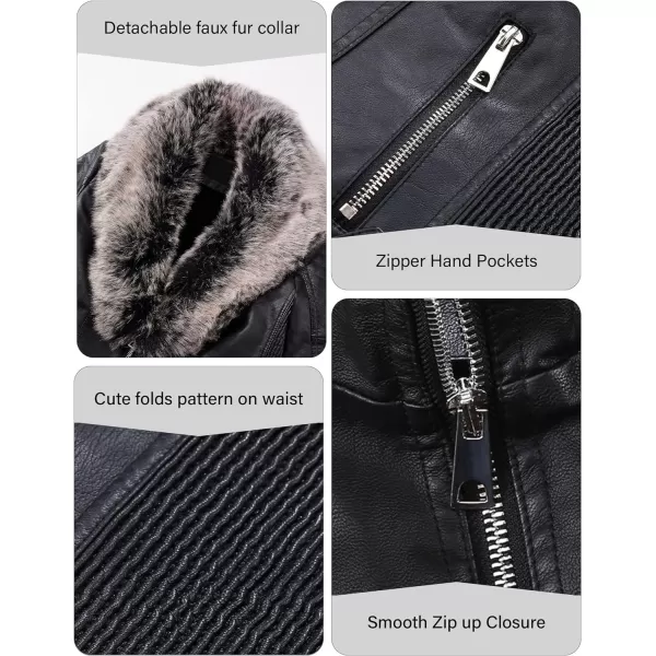 Bellivera Women's Faux Leather Jacket Moto Biker Sherpa-Lined Coat with Removable Fur Collar