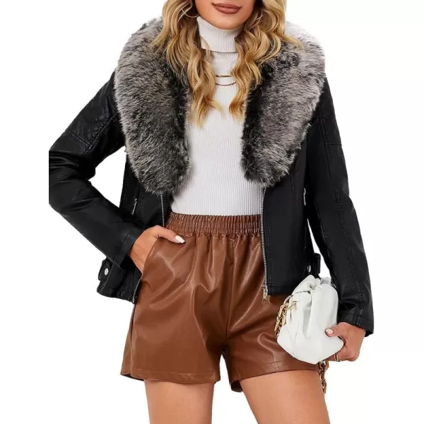 Bellivera Women's Faux Leather Jacket Moto Biker Sherpa-Lined Coat with Removable Fur Collar