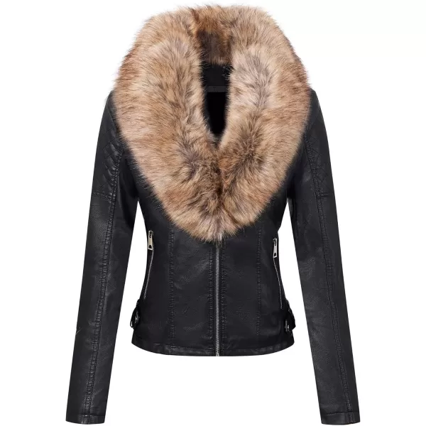 Bellivera Women's Faux Leather Jacket Moto Biker Sherpa-Lined Coat with Removable Fur Collar