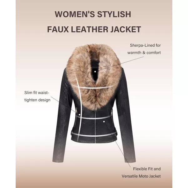 Bellivera Women's Faux Leather Jacket Moto Biker Sherpa-Lined Coat with Removable Fur Collar