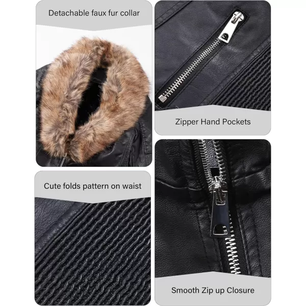 Bellivera Women's Faux Leather Jacket Moto Biker Sherpa-Lined Coat with Removable Fur Collar