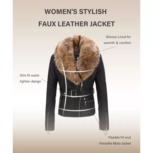 Bellivera Women's Faux Leather Jacket Moto Biker Sherpa-Lined Coat with Removable Fur Collar