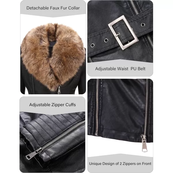 Bellivera Women's Faux Leather Jacket Moto Biker Sherpa-Lined Coat with Removable Fur Collar