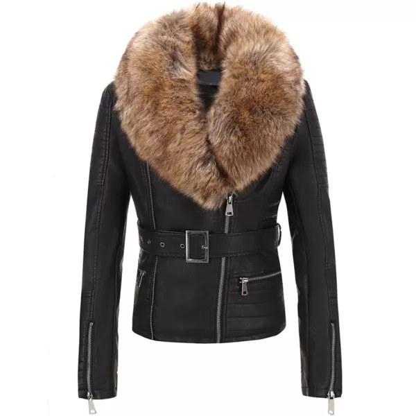 Bellivera Women's Faux Leather Jacket Moto Biker Sherpa-Lined Coat with Removable Fur Collar