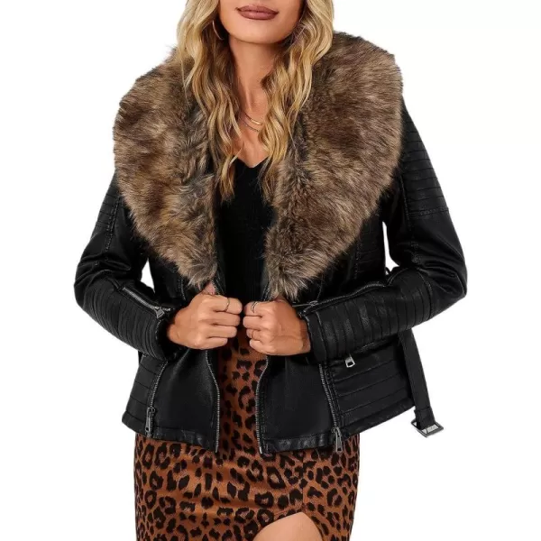 Bellivera Women's Faux Leather Jacket Moto Biker Sherpa-Lined Coat with Removable Fur Collar