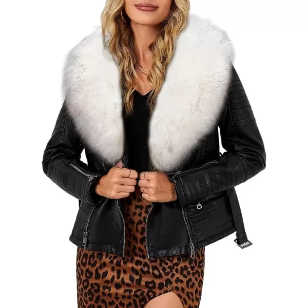 Bellivera Women's Faux Leather Jacket Moto Biker Sherpa-Lined Coat with Removable Fur Collar