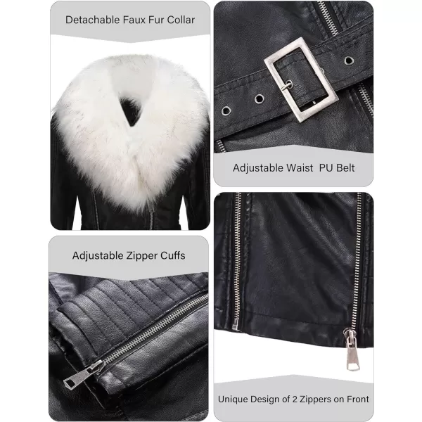 Bellivera Women's Faux Leather Jacket Moto Biker Sherpa-Lined Coat with Removable Fur Collar