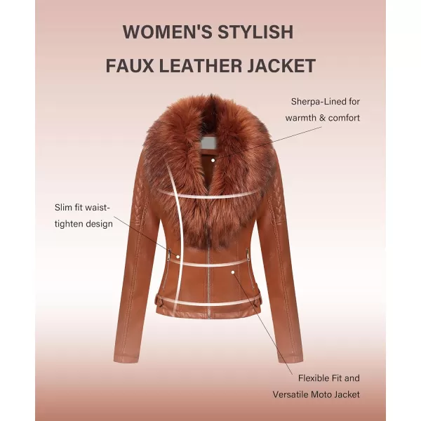 Bellivera Women's Faux Leather Jacket Moto Biker Sherpa-Lined Coat with Removable Fur Collar