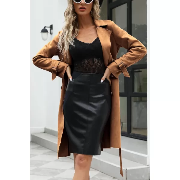Bellivera Womens Faux Suede Leather Jacket Spring and Winter Fashion Long Trench Coat, Lightweight Windbreaker