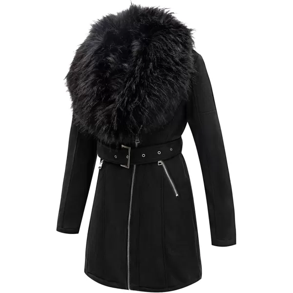 Bellivera Women's Pea Coat Faux Suede Mid-length Jacket Zip Up Winter Warm Overcoat with Detachable Fur Collar