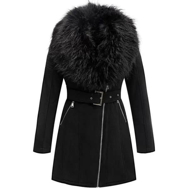 Bellivera Women's Pea Coat Faux Suede Mid-length Jacket Zip Up Winter Warm Overcoat with Detachable Fur Collar