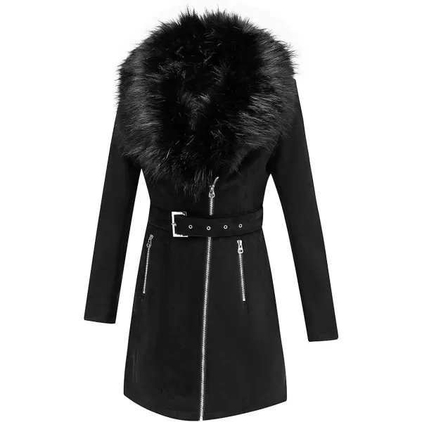 Bellivera Women's Pea Coat Faux Suede Mid-length Jacket Zip Up Winter Warm Overcoat with Detachable Fur Collar
