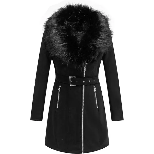 Bellivera Women's Pea Coat Faux Suede Mid-length Jacket Zip Up Winter Warm Overcoat with Detachable Fur Collar