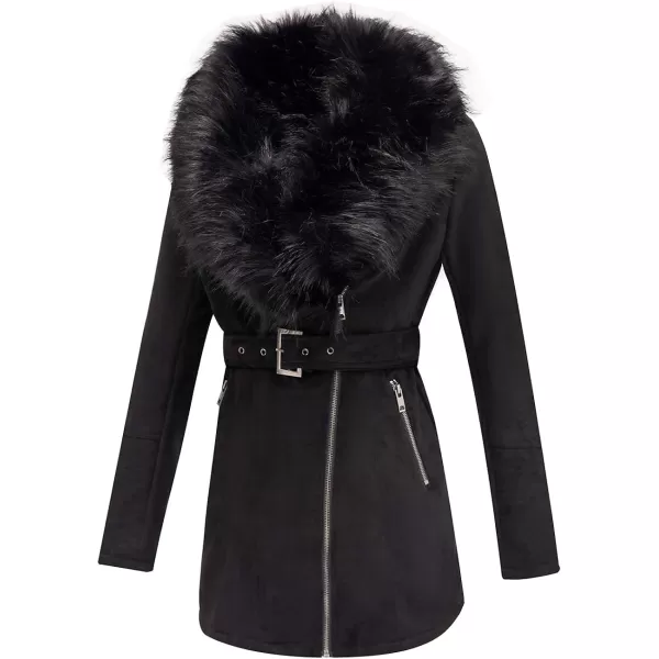 Bellivera Women's Pea Coat Faux Suede Mid-length Jacket Zip Up Winter Warm Overcoat with Detachable Fur Collar