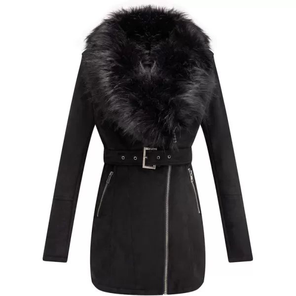 Bellivera Women's Pea Coat Faux Suede Mid-length Jacket Zip Up Winter Warm Overcoat with Detachable Fur Collar