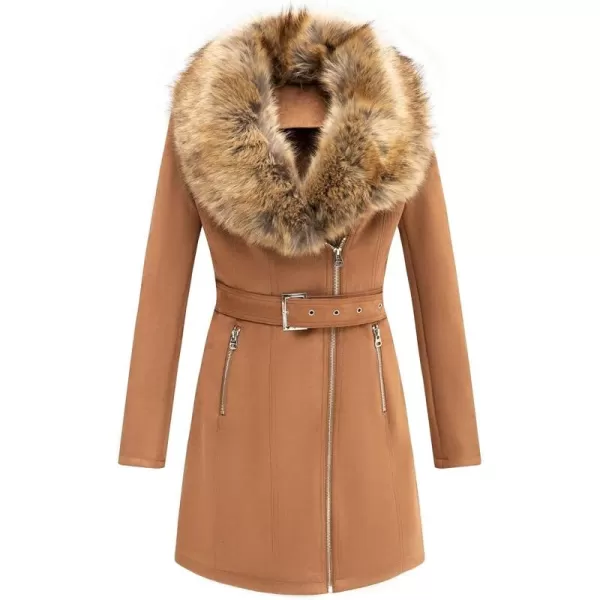 Bellivera Women's Pea Coat Faux Suede Mid-length Jacket Zip Up Winter Warm Overcoat with Detachable Fur Collar