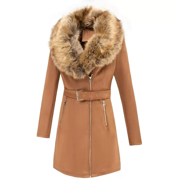 Bellivera Women's Pea Coat Faux Suede Mid-length Jacket Zip Up Winter Warm Overcoat with Detachable Fur Collar