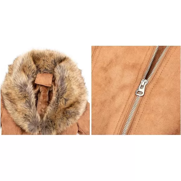 Bellivera Women's Pea Coat Faux Suede Mid-length Jacket Zip Up Winter Warm Overcoat with Detachable Fur Collar