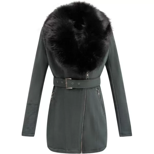 Bellivera Women's Pea Coat Faux Suede Mid-length Jacket Zip Up Winter Warm Overcoat with Detachable Fur Collar