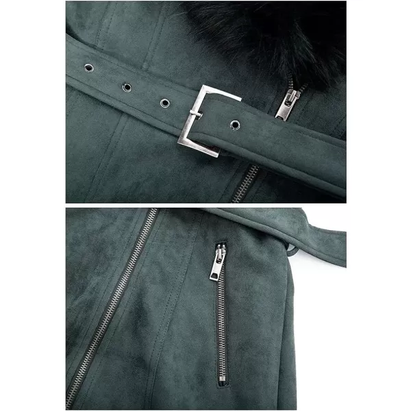 Bellivera Women's Pea Coat Faux Suede Mid-length Jacket Zip Up Winter Warm Overcoat with Detachable Fur Collar