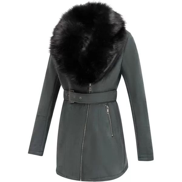 Bellivera Women's Pea Coat Faux Suede Mid-length Jacket Zip Up Winter Warm Overcoat with Detachable Fur Collar