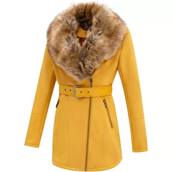 Bellivera Women's Pea Coat Faux Suede Mid-length Jacket Zip Up Winter Warm Overcoat with Detachable Fur Collar