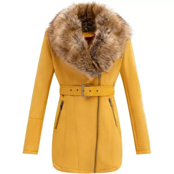 Bellivera Women's Pea Coat Faux Suede Mid-length Jacket Zip Up Winter Warm Overcoat with Detachable Fur Collar