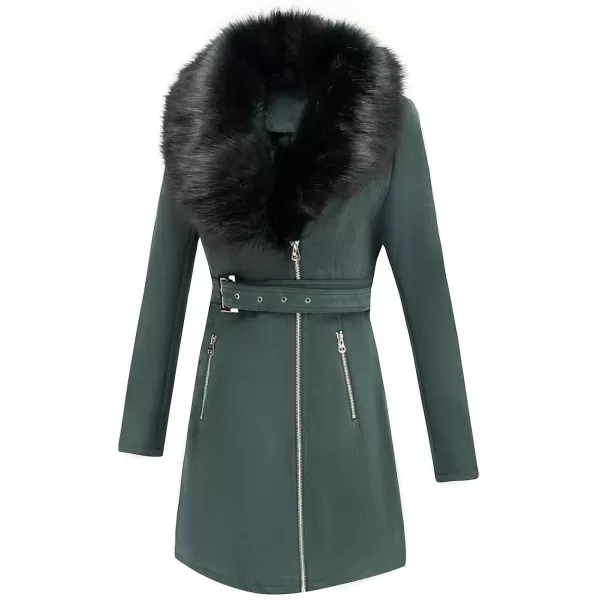 Bellivera Women's Pea Coat Faux Suede Mid-length Jacket Zip Up Winter Warm Overcoat with Detachable Fur Collar
