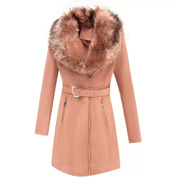 Bellivera Women's Pea Coat Faux Suede Mid-length Jacket Zip Up Winter Warm Overcoat with Detachable Fur Collar