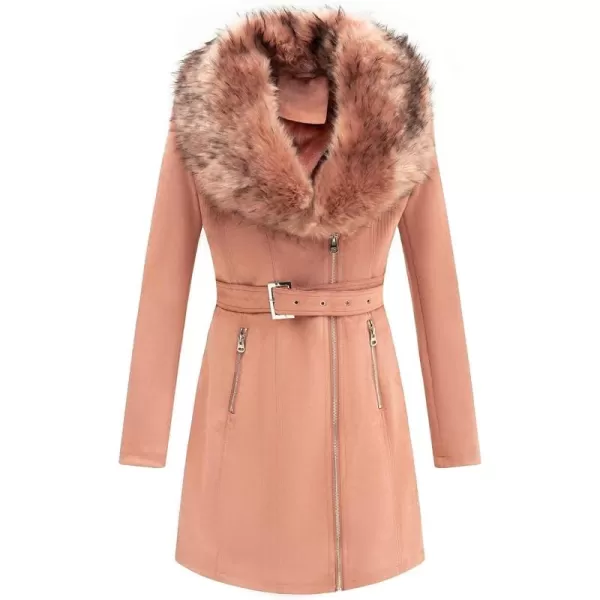 Bellivera Women's Pea Coat Faux Suede Mid-length Jacket Zip Up Winter Warm Overcoat with Detachable Fur Collar