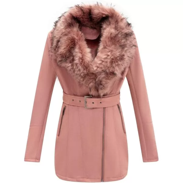 Bellivera Women's Pea Coat Faux Suede Mid-length Jacket Zip Up Winter Warm Overcoat with Detachable Fur Collar