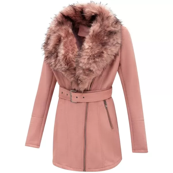 Bellivera Women's Pea Coat Faux Suede Mid-length Jacket Zip Up Winter Warm Overcoat with Detachable Fur Collar