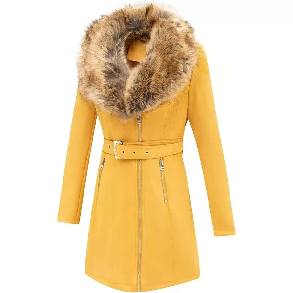 Bellivera Women's Pea Coat Faux Suede Mid-length Jacket Zip Up Winter Warm Overcoat with Detachable Fur Collar
