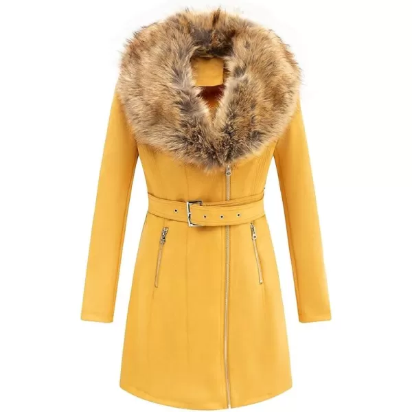Bellivera Women's Pea Coat Faux Suede Mid-length Jacket Zip Up Winter Warm Overcoat with Detachable Fur Collar