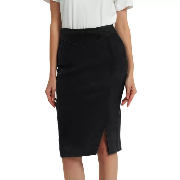 Bellivera Women's Pencil Skirt High Waist Bodycon Faux Suede Side Split Knee Length for Work Business