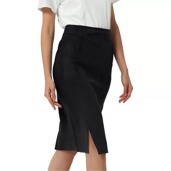 Bellivera Women's Pencil Skirt High Waist Bodycon Faux Suede Side Split Knee Length for Work Business