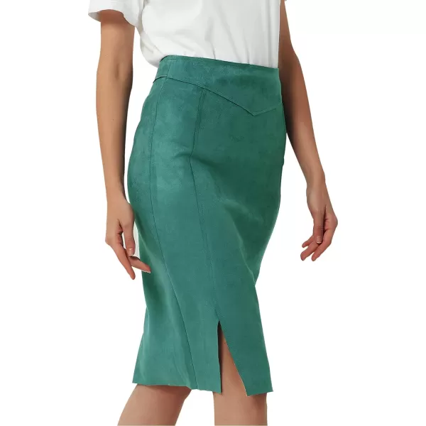 Bellivera Women's Pencil Skirt High Waist Bodycon Faux Suede Side Split Knee Length for Work Business