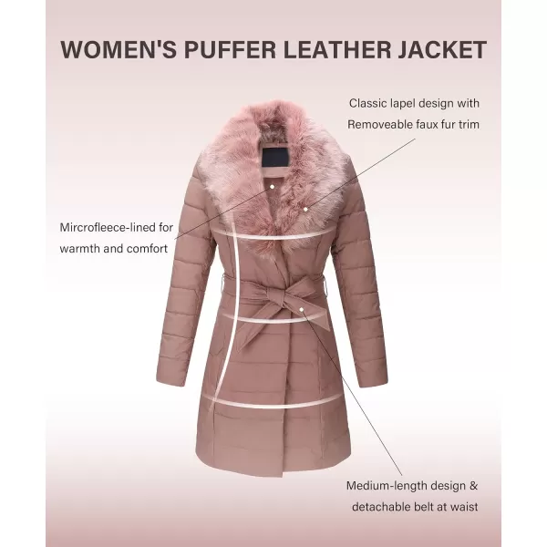 Bellivera Women's Puffer Jacket Faux Leather Bubble Padding Sherpa-Lined Coat with Removable Fur Collar