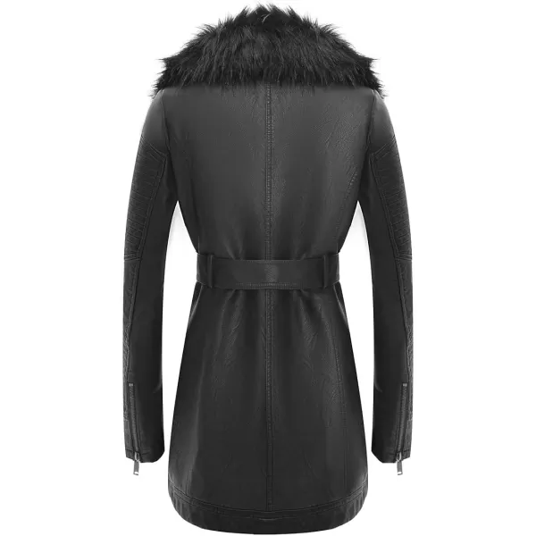 Bellivera Women's Trench Coat Faux Leather Jackets Winter Long Sleeve Outwear with Detachable Fur Collar