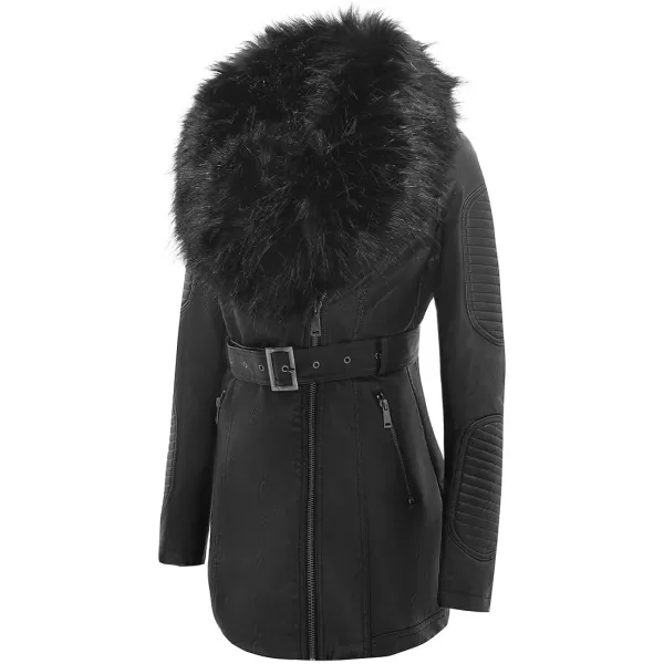 Bellivera Women's Trench Coat Faux Leather Jackets Winter Long Sleeve Outwear with Detachable Fur Collar