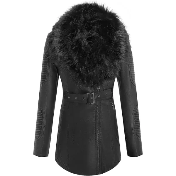 Bellivera Women's Trench Coat Faux Leather Jackets Winter Long Sleeve Outwear with Detachable Fur Collar