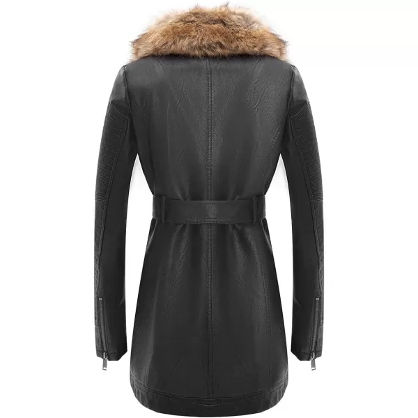 Bellivera Women's Trench Coat Faux Leather Jackets Winter Long Sleeve Outwear with Detachable Fur Collar
