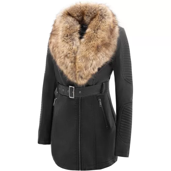 Bellivera Women's Trench Coat Faux Leather Jackets Winter Long Sleeve Outwear with Detachable Fur Collar