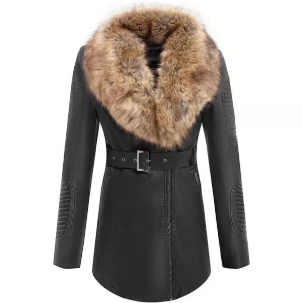 Bellivera Women's Trench Coat Faux Leather Jackets Winter Long Sleeve Outwear with Detachable Fur Collar